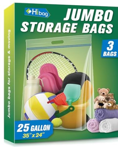 HIBAG 25 Gallon Jumbo Storage Bags, 35” x 24” Resealable Clear Bags with Handle, Extra Large XL Heavy Duty for Clothes Pillow Travel Moving, Pack of 3