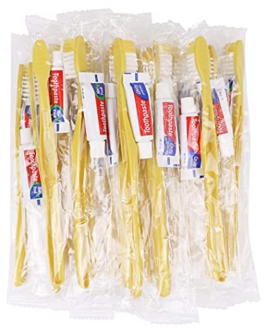 Xuezoioy Disposable Toothbrushes with Toothpaste,300 Pack Yellow Hollow Individually Wrapped Disposable Travel Toothbrushes Kit in Bulk for Homeless,Nursing Home,Hotel,Charity