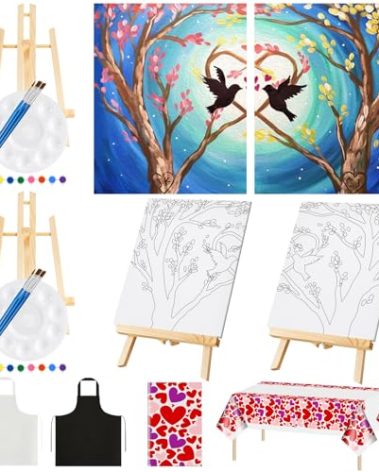 Yeaqee 13 Pcs Valentines Sip and Paint Kit for Couples Date Night Painting Kit Supplies Canvas Art Painting Set Outline Design Blank Stretch Canvas for Couple Adults Party(Bird and Tree,10 x 8 Inch)