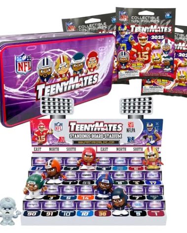 Teenymates Party Animal NFL 2024 Series 13 Collector Tin, 7 Figures (Includes Color Rush QB), 1 Inch Tall, Team Colors