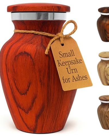 Small Keepsake Urn for Human Ashes – Rosewood Wood Appearance Memorial – Handcrafted Mini Urn for Sharing – Recycled Cast Aluminum – Secure Lid - Velvet Bag & Funnel – Decorative Container