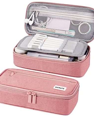 WEMATE Large Pencil Case Aesthetic,Big Capacity Canvas Pencil Pouch with Zipper, Pencil Case for Women & Men, Marker Pen Case,Portable Stationery Pencil Bag for Office Pink