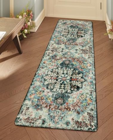 Lahome Bohemian Floral 2'8" x 8' Washable Hallway Runner Rug, Non Slip Kitchen Carpet Runners, Turkish Soft Pet Friendly Stair Mat for Bathroom Laundry Room Sunroom, Teal