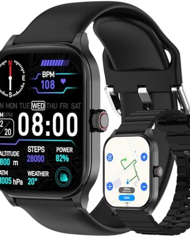 Smart Watch with Built-in GPS and Offline Maps, 1.96" HD Display, Answer/Make Calls, 100+ Sport Modes, Heart Rate/Sleep/SpO2 Monitor, Fitness Activity Tracker for Android and iPhone, 2 Bands, Black