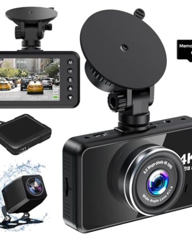 4K Dash Cam, Built-in GPS Front 4K & Rear 1080P Dash Camera with 64GB Memory Card, UHD 3" IPS 170° Wide Angle Dual Car Dash Cam Front and Rear, Night Vision, Parking Monitor, WDR（Black）