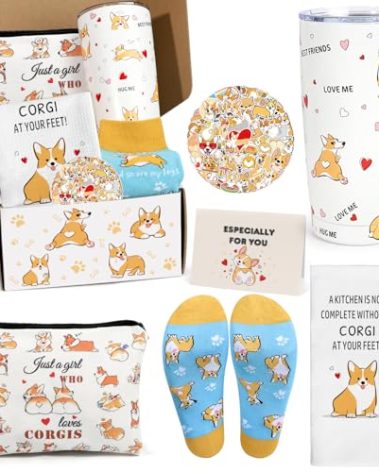 UAREHIBY Corgi Gifts for Lovers, Christmas Birthday Corgi Gift Box for Women, 20 OZ Dog Lover Tumbler, Cute Make up Bag, Funny Dish Towels, Corgis Socks, Corgis Gifts for Dog Mom