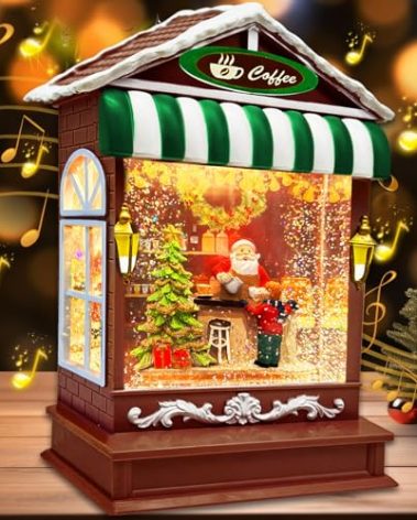 Grandeal Musical Christmas Snow Globes Lighted with Timer 8 Songs Santa Making Coffee Shop Snowglobe USB/Battery Operated Swirling Glitter Christmas Decorations Home Decor for Kid Adult