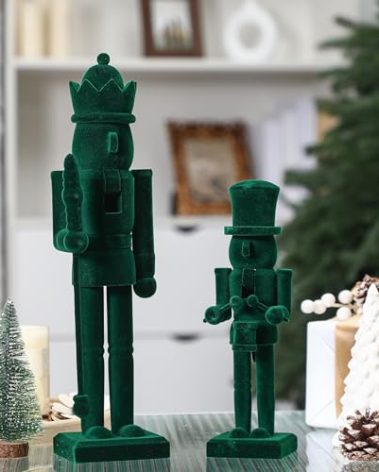 Quzzil 2 Pcs Christmas Nutcracker Ornaments Neutral Nutcracker Figures 10'' 15''Christmas Decor Ornament Soldier Festive Collectible Gift for Table Fireplace Shelf Desktop(Dark Green,Wooden+Velvet)