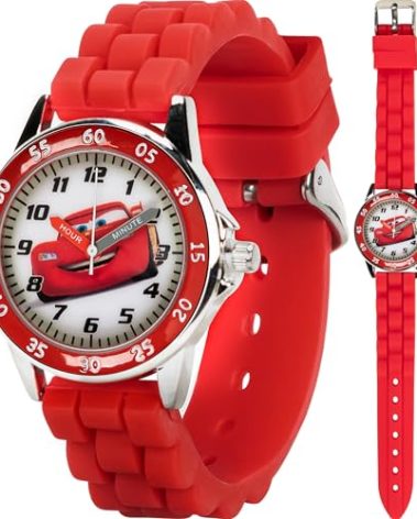 Disney Pixar Cars Kids' Time-Teaching Watch – Lightning McQueen Design with Red Silicone Strap, Easy-to-Read Dial, and Adjustable Fit for Wrists 5.5" to 8"