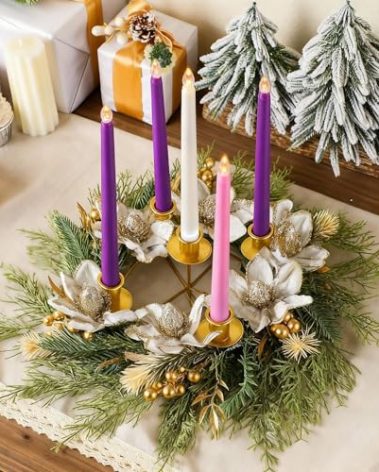 XunYee Advent Candle Holder Wreath Set of 5 with 5 Flameless Candles Christmas Advent Berry Champagne Flower Wreath Rings for Table Centerpiece Fireplace Festival Home Church Decor(Vivid)