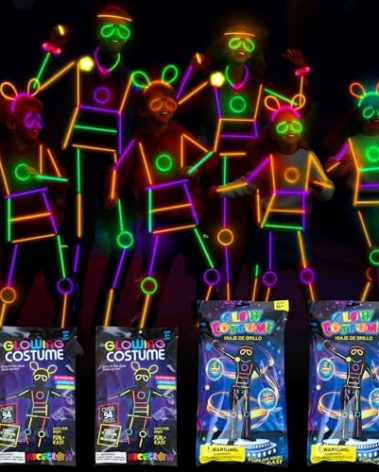 Lewtemi 4 Set Body Glow Stick Figure Costume, 460 Pcs Reusable Light up Stick Figure Costume, Purple,Orange,Green Glow in The Dark Outfits, Eyeglasses, Earring, Rings, Badge for Party Cosplay Dancing