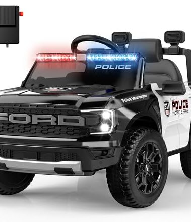 ANPABO Licensed Ford Police Car Ride On,12V Kids Cars to Drive w/Realistic LED Siren Flashing Light, Megaphone, Remote Control, Music, Storage Trunk, Electric Cars for Kids Ages 2+, Black