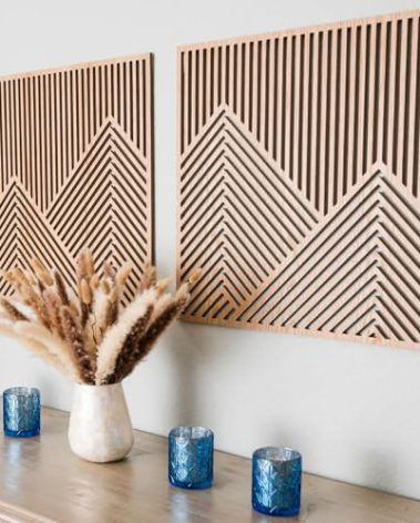 SnugLife 2 Pcs Wood Mountain Wall Art - Modern Wooden Panel Mountain Wall Decor, Decorative Forest Nature Abstract Line Minimalist Wall Art for Living Room Bedroom Farmhouse - Large 23.5”x23.5”