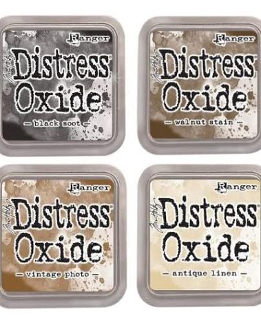 Tim Holtz Ranger Distress Oxide Ink Bundle - Four 3" x 3" Pads (E : Black Soot, Walnut Stain, Vintage Photo, and Antique Linen)
