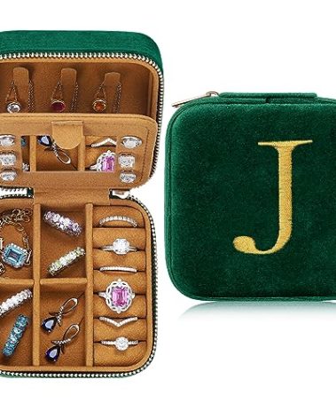 Parima Travel Jewelry Case - Small Mini Box for Women, Organizer, Personalized Custom Monogrammed Letter J, Green