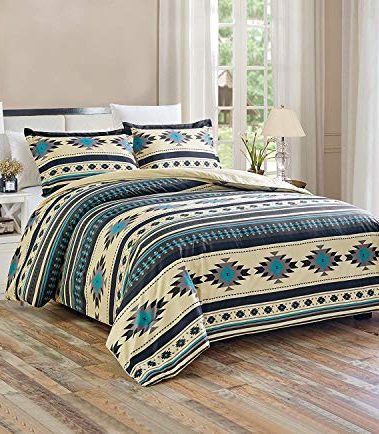 Chezmoi Collection 3-Piece Southwestern Geometric Tribal Multicolor Teal Beige Black Gray Comforter Set, Queen Size