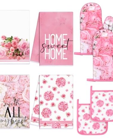 Leinuosen 8 Pcs Pink Rose Kitchen Towels and Dishcloths Sets Oven Mitts and Pot Holders Sets Absorbent Kitchen Gloves Potholders Heat Resistant for Chef Baking Cooking