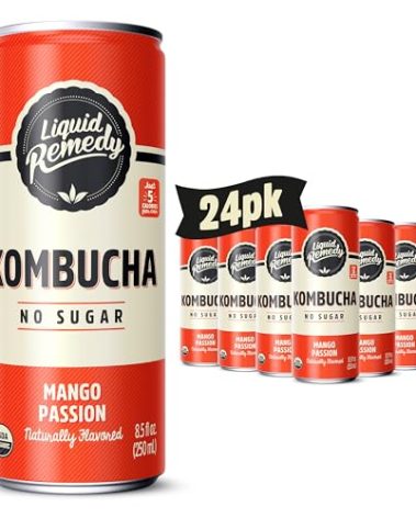 Liquid Remedy Kombucha Sugar Free Organic Drink, Low Calorie, Probiotic Like Tea for Gut Health - Mango Passion - 8.5 Fl Oz Can, 24-Pack