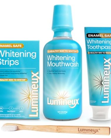 Lumineux Teeth Whitening Kit Peroxide Free for Whiter Teeth Includes 7 Whitening Treatments, 1 Mouthwash, 1 Toothpaste & 1 Bamboo Toothbrush, Dentist Formulated