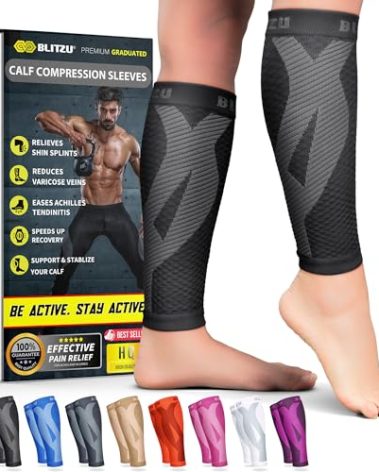 BLITZU Calf Compression Sleeves for Men and Women. Footless Compression Socks Support for Varicose Vein, Nursing, Running. Leg Sleeve Brace for Shin Splints, Pain Relief & Reduces Swelling Black L-XL