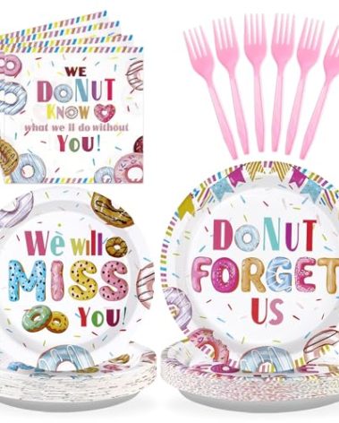 96PCS Farewell Retirement Party Supplies Colorful Donut Forget Us Plates and Napkins Disposable We Will Miss You Tableware Set for Coworker Going Away Retirement Party Decorations Serves 24