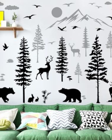 5 Sheets of 12x36inch Large Black and Grey Pine Tree Wall Sticker Peel and Stick Mountain Forest Tree Wall Decal Woodland Deer Bear Birds Wall Decor for Nursery Bedroom Living Room Decoration