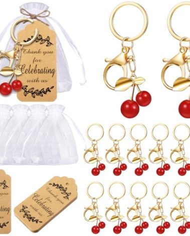Ecation 20 Set Red Cherry Keychain Party Favor Bulk Steel Fruit Keyring Charm Accessories Souvenir Present Kraft Tag Organza Bag for Guest Baptism Bridal Baby Shower Valentine Wedding Gift