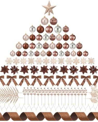Poen 108 Pcs Christmas Tree Ornament Set Including Xmas Tree Ball Glitter Poinsettia Bows Berries Stems Leaves Snowflakes Ribbon Lights for Christmas Decoration(Brown and Champagne)