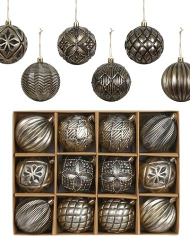 XmasExp Vintage Rustic Christmas Ball Ornaments Sets Farmhouse Distressed Christmas Tree Decorations Shatterproof Antique Traditional Style Xmas Hanging Ornaments （Bronze, 12Pcs