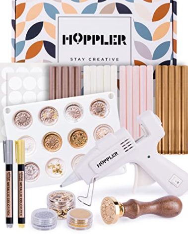 Hoppler Premium Wax Seal Kit with Seal Gun, Wax Sticks, a Flower Stamp, 12 Cavity Silicone Mold, and Extra Additions to Make Seals Stand Out and Make Invitations in Bulk.