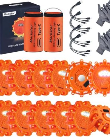 Markstor LED Road Flares 12 Pack Roadside Emergency Car Kit, USB Rechargeable (lithium battery) Road Safety Flare Light,9 Flash Modes,With Magnet & Hook Safety Beacon Warning Light (12 Pack)