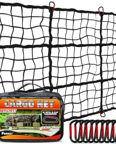 [Premium] 5'x7' Heavy Duty Cargo Net Stretches to 10' x 14', Extra Thick 10mm Cord Bungee Cargo Netting for Pickup Truck Bed, Roof Rack Net & 12 PCS Steel Carabiners
