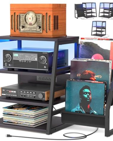 AV Media Stand with Outlets, Stereo Stands and Racks with Vinyl Storage, Stereo Stand with Record Storage, Audio Stereo Rack Cabinet, Turntable Console Stand with LED lights, 4 Tiers, Black Ebony