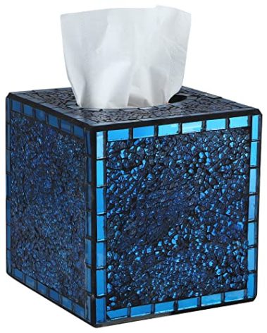 MDLUU Mosaic Glass Tissue Box Holder, Decorative Tissue Box Cover, Square Tissue Dispenser for Bathroom, Bedroom, Living Room (Navy Blue)