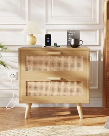 Rovaurx Rattan Nightstand with 2 Drawers, 23.6" Wide Bedside Table Night Stand with Charging Station, End Table for Bedroom, Boho Side Table with Solid Wood Legs for Bedroom, Modern Natural RCTG111ME