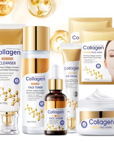 Collagen Skin Care Set, Anti Aging Skincare Set for Wrinkles & Fine Lines, Shrink Pores, Hydrate & Firm Skin, 7 Pcs Skincare Kits for Women with Cleanser, Toner, Serum, Cream, Eye Cream, 2 Pcs Masks.