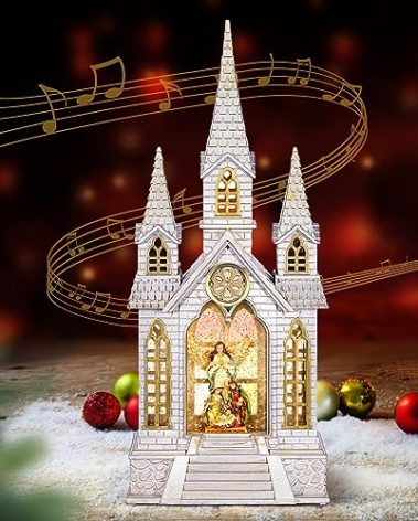 Church Snow Globe Lighted,Christmas Snow Lantern,Angel Holy Family Nativity Christmas Eve Glitter Snow Globe with Musical,Christian Decorations Indoor,Two Power Modes of Church Snow Globes