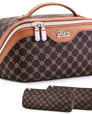 BOYATU Travel Makeup Bag Cosmetic Bags for Women: 3 Pcs Set Large Portable Make up Bag with Handle - Vegan Leather Toiletry Bags with Compartments - Makeup Organizer for Travel Essentials(A-1-Coffee)