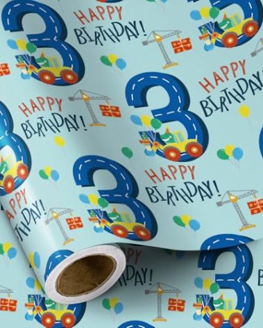 RUSPEPA Dinosaur Truck Birthday Wrapping Paper - Boys' 3rd Birthday - 17" x 16.4 ft - 1 Roll