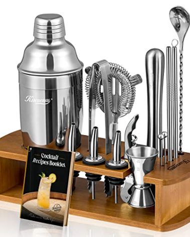 KITESSENSU Cocktail Shaker Set Bartender Kit with Stand | Bar Set Drink Mixer Set with All Essential Accessory Tools: Martini Shaker, Jigger, Strainer, Mixer Spoon, Muddler, Liquor Pourers |Silver