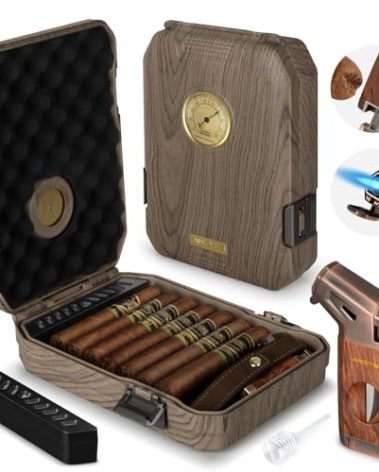 AWOTE Travel Cigar Humidor Case - Cedar Lined, V Cut Cutter, Portable Humidor with Humidifier & Hygrometer, Holds 7-9 Cigars, Includes Lighter - Gift Set