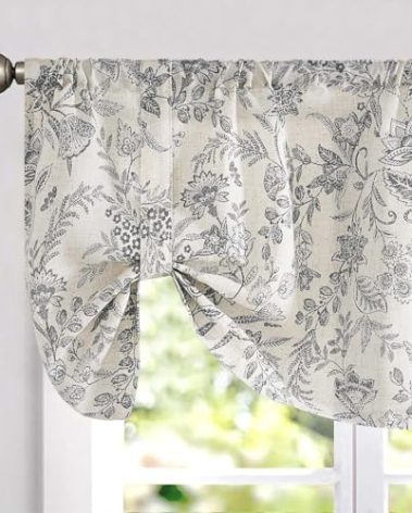 Lazzzy Blue Floral Tie Up Valance Curtain Linen Farmhouse Valance for Kitchen Living Room Bedroom Country Valances Window Treatments Small Cafe Curtian 18 Inch Rod Pocket 1 Panel,Black on Beige