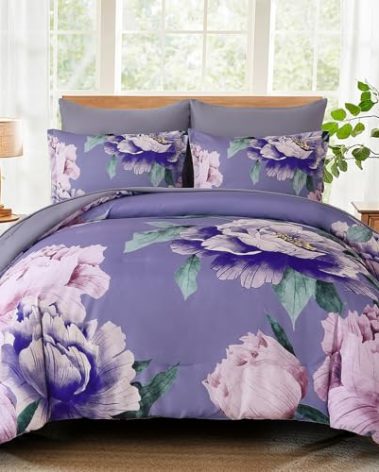 Dobuyly Floral Comforter Set Queen 7 Piece Bed in a Bag, Purple Pink Flower Comforter Set with Sheets, Soft Microfiber Botanical Flower Bedding Set for All Season
