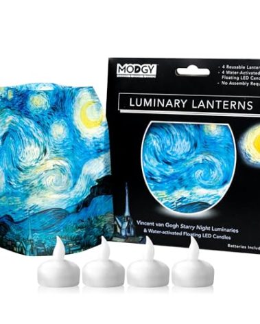 MODGY Luminary Lanterns Candle Holder Decorative Indoor Outdoor, for Wedding Centerpiece Decoration Outside Patio, with Flameless Floating LED Candles Vincent Van Gogh Starry Night, Pack of 4