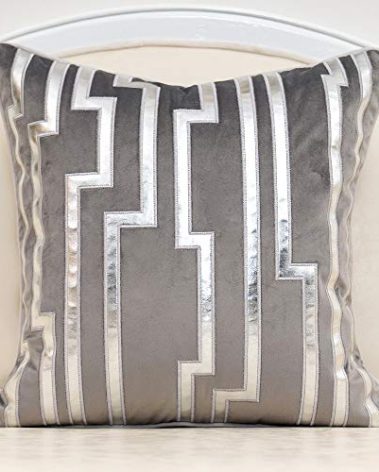 Alerfa Gold Leather Striped Gray Throw Pillow Cover 18x18 Inch, Geometric Luxury Decorative Embroidered Velvet Pillow Cover for Couch Living Room Bedroom