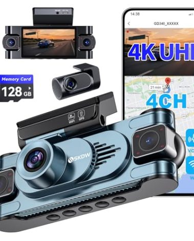 4 Channel Dash Cam 360° View,4K Front Rear Inside Dashcam,Left Right Dash Camera for Cars,Built-in GPS, 5G WiFi,Voice Control,Night Vision, 24/7 Recording Parking Mode Monitor, Free 128G Card