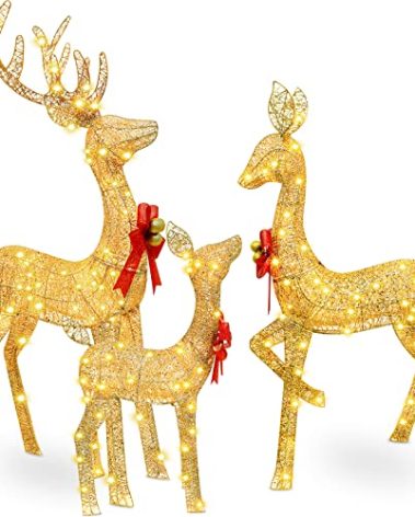 3 Pcs Christmas Lighted Reindeer Family, 52"42"28" Reindeer Family Christmas Decorations, Outdoor Yard Gold Large Holiday Lighted Deer Set, Mesh Standing Buck Deer for Yard Lawn Indoor Outdoor Decor