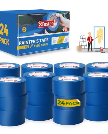 XFasten Blue Painters Tape 3 Inch Wide x 180 Feet Bulk (24-Pack, 4320ft Total) Wall Safe UV-Resistant Blue Masking Tape 3 Inch Wide for Indoor and Outdoor Walls, Painting, Wood, Automotive