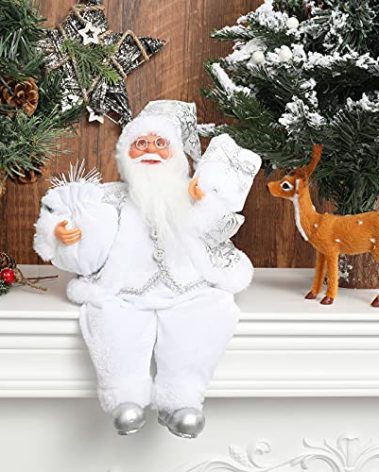 AnyDesign Christmas Sitting Santa Hand Crafted White Silver Coat Santa Claus Figurines Doll with Gift Bag and Presents Christmas Decoration for Home Office Table Xmas Party Ornament Gift