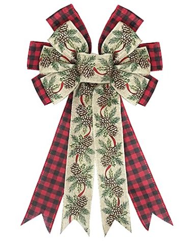 Hying Large Christmas Bow for Wreath, Red Black Buffalo Plaid Bows for Front Door Wall Fence Decor, Pine Cone Christmas Wreath Topper for Winter Party Decoration Supplies